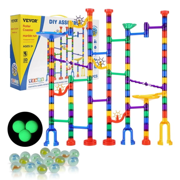 VEVOR Marble Run Set, 150 Piece Marble Maze Building Block Brain Game, with 10 Glow in the Dark Marbles + 40 Glass Marbles, Educational Learning Race Track STEM Toys, for Kids, Boys, Girls Ages 3 +