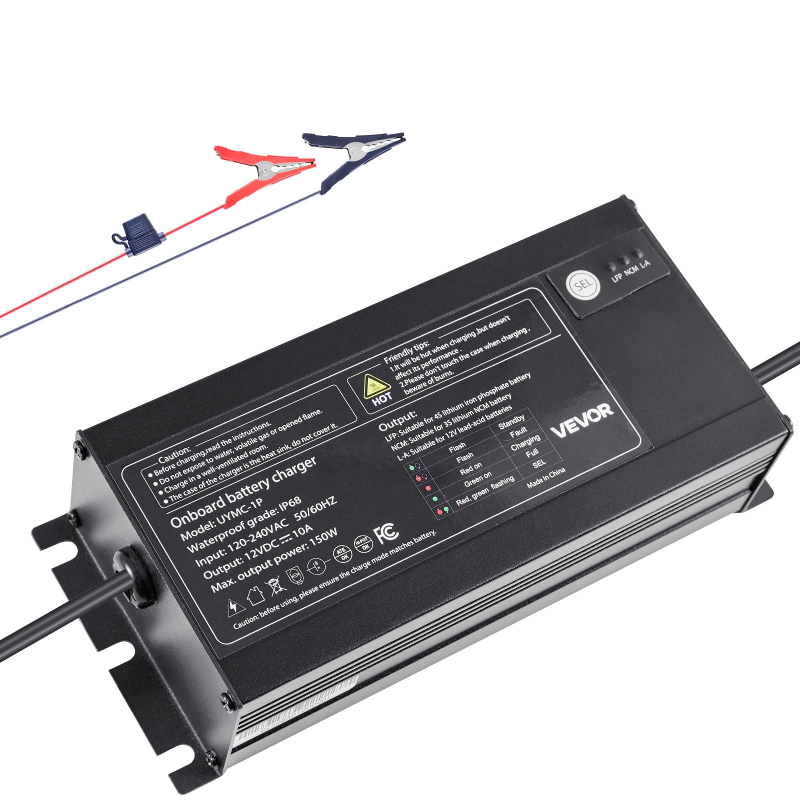 VEVOR Marine Battery Charger, 1-Bank, 10A 12V Onboard Boat Charger, IP68 Waterproof Smart On-Board Battery Charger, for Lithium-Ion (LiFePO4), NCM, Lead-Acid Batteries,Large Boat,Yacht,RV,Trailer