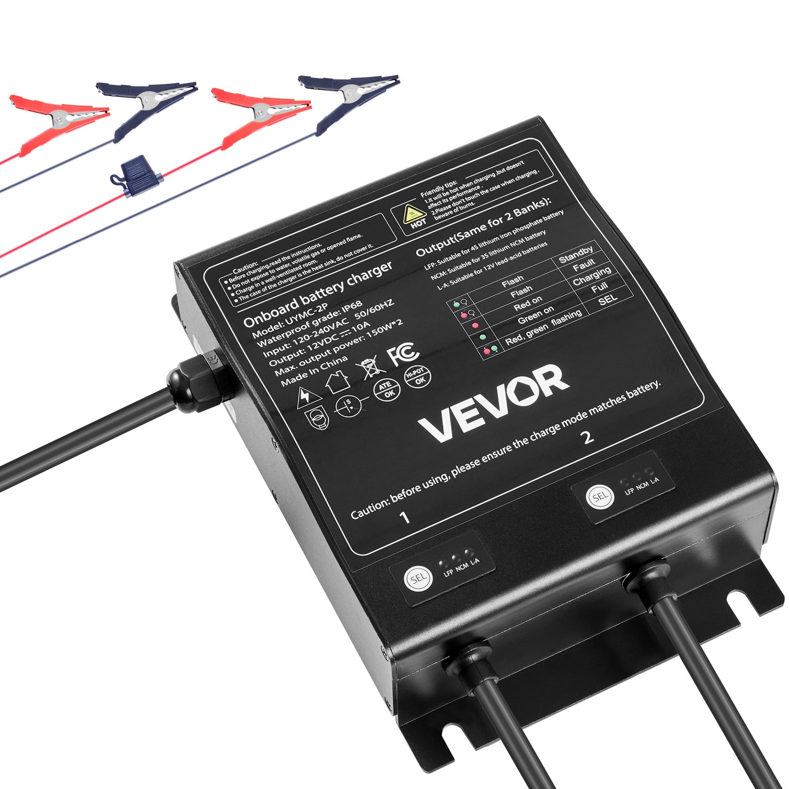 VEVOR Marine Battery Charger, 2-Bank, 10A 12V Onboard Boat Charger, IP68 Waterproof Smart On-Board Battery Charger, for Lithium-Ion (LiFePO4), NCM, Lead-Acid Batteries, Large Boat,Yacht,RV,Trailer