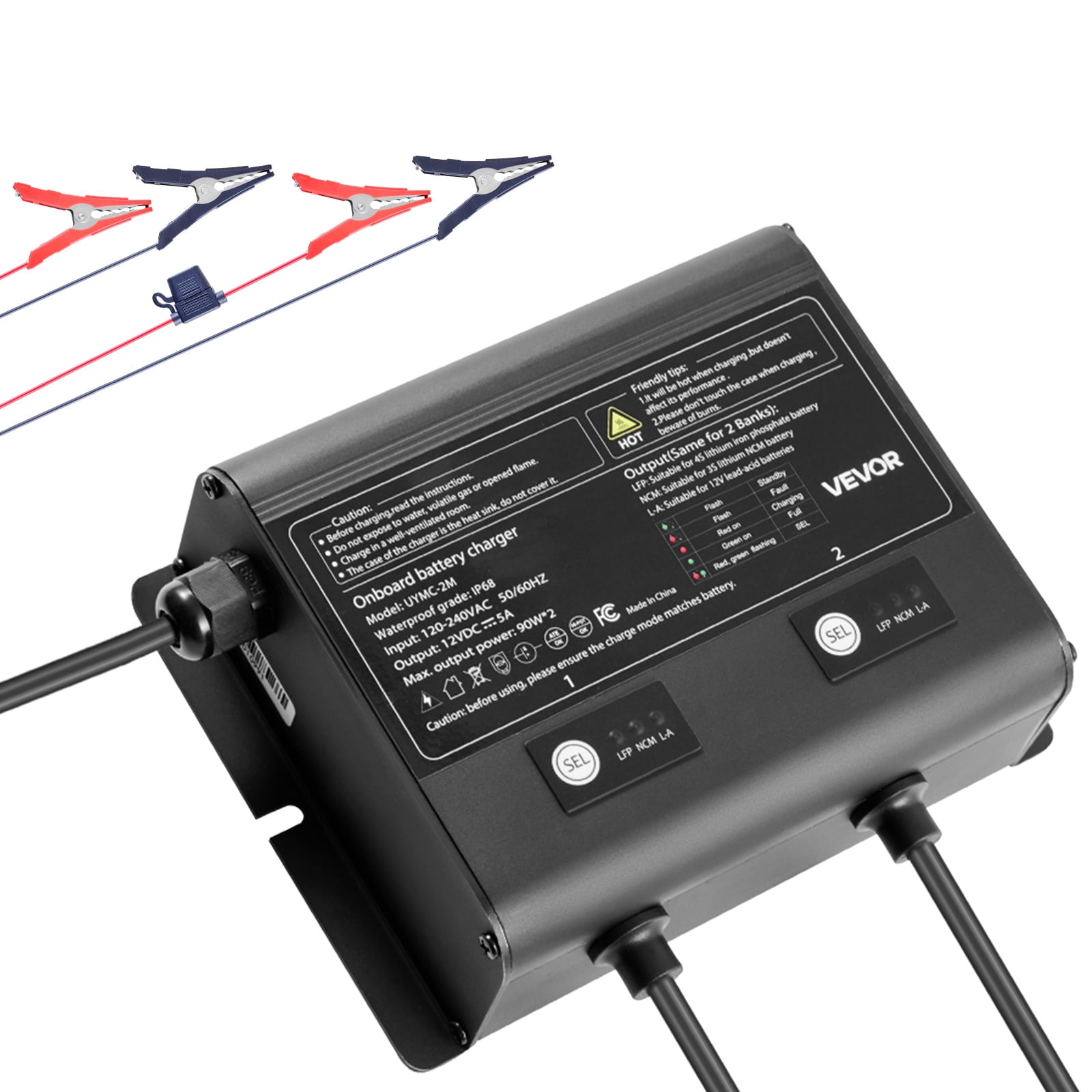 VEVOR Marine Battery Charger, 2-Bank, 5A 12V Onboard Boat Charger, IP68 Waterproof Smart On-Board Battery Charger, for Lithium-Ion (LiFePO4), NCM, Lead-Acid Batteries, Large Boat, Yacht,RV,Trailer
