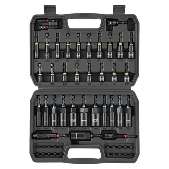 VEVOR Master Magnetic Impact Nut Driver Set 55PCS, Metric & SAE Sizes, with Socket Adapters, Bit Holder, Wing Nut Driver, Pivoting Nutsetter, Quick Release Extension, Power Bits, Storage Box
