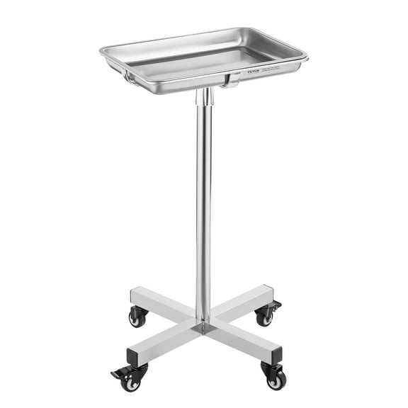 VEVOR Mayo Stand, Stainless Steel Mayo Tray, Load Capacity up to 35 lbs, Adjustable Height 25.2"-39.8", Medical Tray on Wheels with Removable Tray for Spa, Salon, Clinic, Personal Care