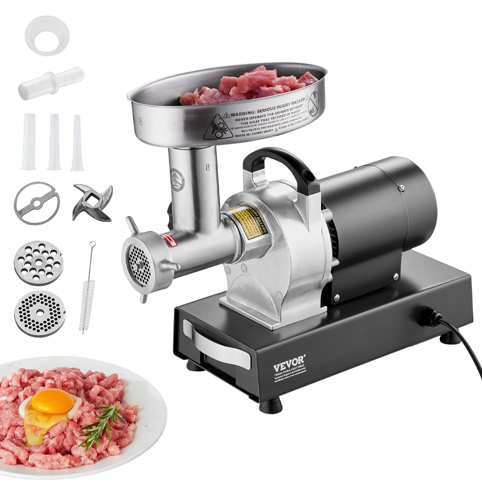 VEVOR Meat Grinder, 6 Lbs/Min Capacity Electric Meat Grinders with Blade, Grinding Plate, Sausage Maker, Stainless Steel Commercial Meat Mincer for Kitchen Restaurant Butcher Store