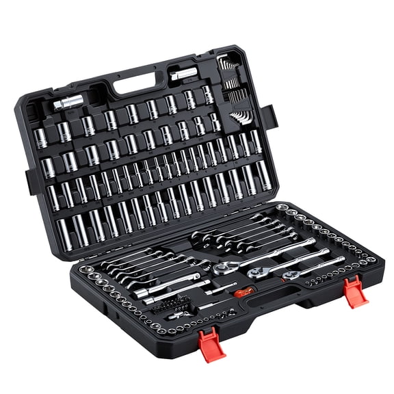 VEVOR Mechanics Tool Set, 159-Piece Mechanic Tool Kit, 1/4 in, 3/8 in, and 1/2 in Drive, SAE and Metric Socket Set, Wrenches, Screwdriver Bits, Accessories, and Storage Case, for Automotive Repair