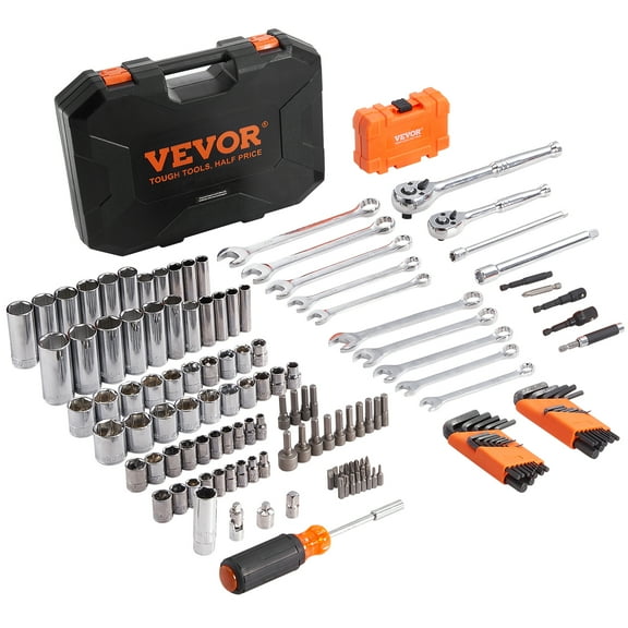 VEVOR Mechanics Tool Set and Socket Set,1/4" and 3/8" Drive Deep and Standard Sockets, 145 Pcs SAE and Metric Mechanic Tool Kit with Bits,Combination Wrench, Hex Wrenches, Accessories, Storage Case
