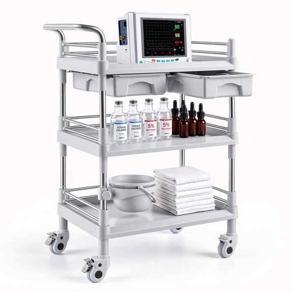 VEVOR Medical Cart Three-Tier Medical Trolley Cart with 2 Drawers 110.23lbs, for Clinic, Hospital, Beauty Salon, Lab, with a Waste Tray, Stable Support, Medical Trolley Cart with Casters and Handle