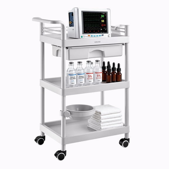 VEVOR Medical Cart Three-Tier Medical Trolley Cart with Drawer 110.23 lbs, for Clinic, Hospital, Beauty Salon, Lab, with Storage Bin and Waste Tray, Stable Support, Medical Trolley Cart with Casters
