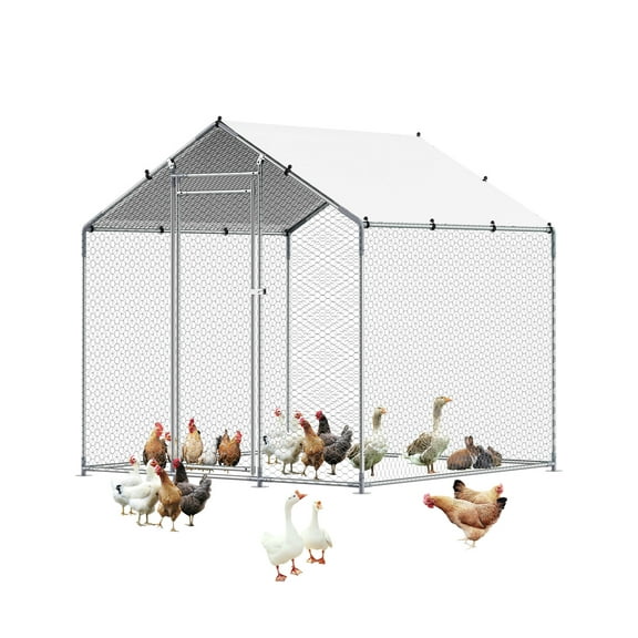 VEVOR Metal Chicken Coop, 6.56x6.56x6.56ft Large Walk-in Chicken Runs with Cover, Spire Roof Hen House Enclosure with Security Lock, Outdoor Duck Rabbit Cage Poultry Pen for Backyard, Farm, Yard