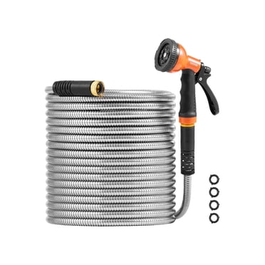 VEVOR Metal Garden Hose 100 ft, Rust Proof Stainless Steel Water Hose, Heavy Duty Backyard Hose with 10 Function Nozzle, No-Kink & Flexible Water Pipe, Lightweight Metal Hose for Yard, Outdoor