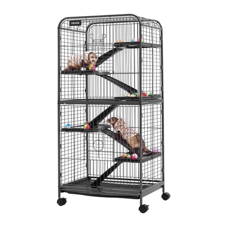 VEVOR Metal Small Animal Cage 52.4"H 6-Tier Rolling Ferret Cage On Wheels, 1" Wire Spacing Large Cages with Ramps, Platform, Tray & Doors for Ferrets, Chinchillas, Sugar Gliders, Small Cats & Rabbits