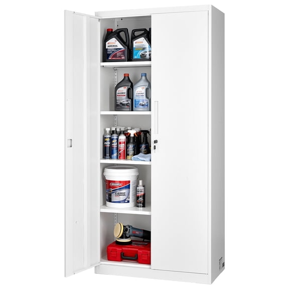 VEVOR Metal Storage Cabinet, 68.9 in Lockable Steel Garage Cabinet with 4 Adjustable Shelves, 2 Magnetic Doors, 2 Keys, 5 Tiers Tool Storage for Pantry, Warehouse, Basement, Laundry, Office, White