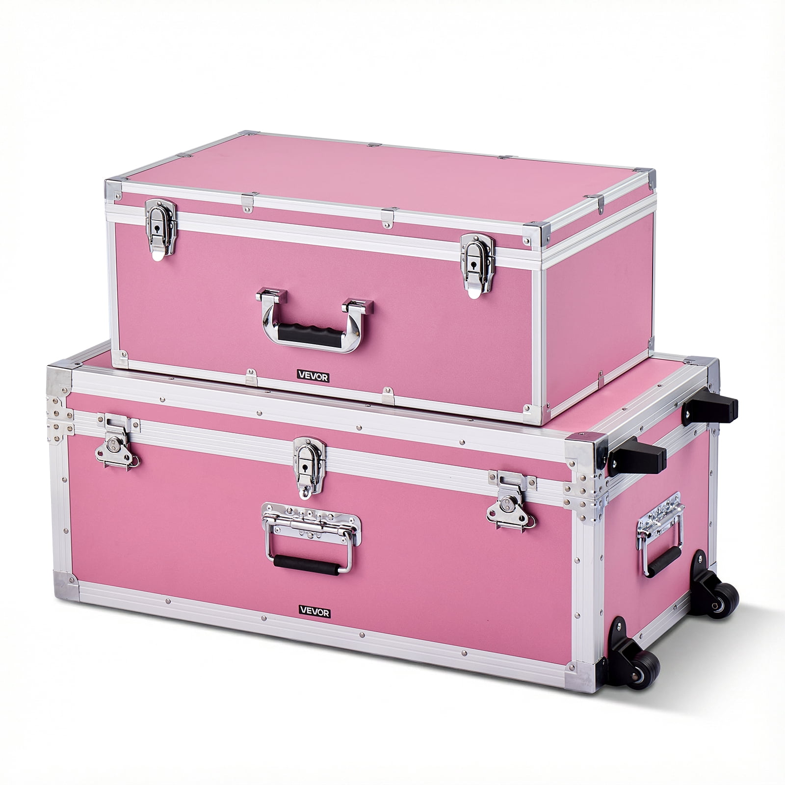 VEVOR Metal Storage Trunk, Set of 2, Wooden Suitcase Storage Boxes with Padlocks, Large Trunk Includes Casters and 3 Metal Handles, Decorative Store Chest with Lids for Travel, Apartment, Dorm, Pink