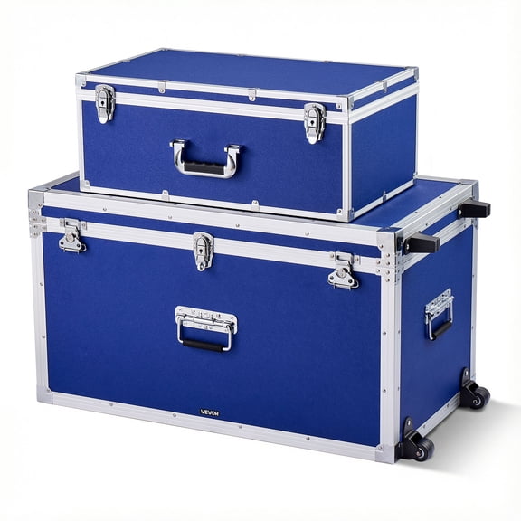 VEVOR Metal Storage Trunk, Set of 2, Wooden Suitcase Storage Boxes with Padlocks, Large Trunk Includes Casters & 3 Metal Handles, Decorative Store Chest with Lids for Travel, Apartment, Dorm, Blue