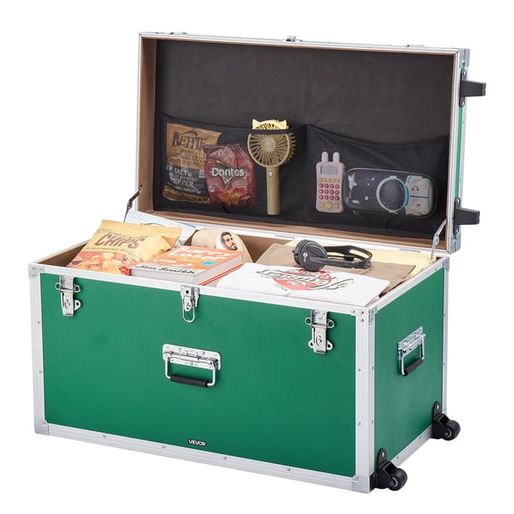 VEVOR Metal Storage Trunk, Set of 2, Wooden Suitcase Storage Boxes with Padlocks, Large Trunk Includes Casters & 3 Metal Handles, Decorative Store Chest with Lids for Travel, Apartment, Dorm, Green