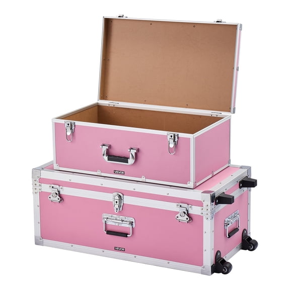 VEVOR Metal Storage Trunk, Set of 2, Wooden Suitcase Storage Boxes with Padlocks, Large Trunk Includes Casters and 3 Metal Handles, Decorative Store Chest with Lids for Travel, Apartment, Dorm, Pink
