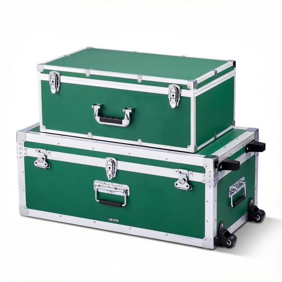 VEVOR Metal Storage Trunk, Set of 2, Wooden Suitcase Storage Boxes with Padlocks, Large Trunk Includes Casters and 3 Metal Handles, Decorative Store Chest with Lids for Travel, Apartment, Dorm, Green