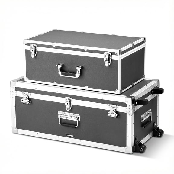 VEVOR Metal Storage Trunk, Set of 2, Wooden Suitcase Storage Boxes with Padlocks, Large Trunk Includes Casters and 3 Metal Handles, Decorative Store Chest with Lids for Travel, Apartment, Dorm, Gray