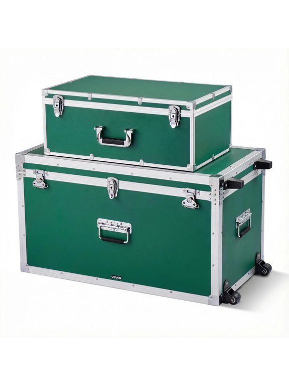 Metal Storage Trunk, Set of 2, Wooden Suitcase Storage Boxes with Padlocks, Large Trunk Includes Casters & 3 Metal Handles, Decorative Store Chest with Lids for Travel, Apartment, Dorm, Green
