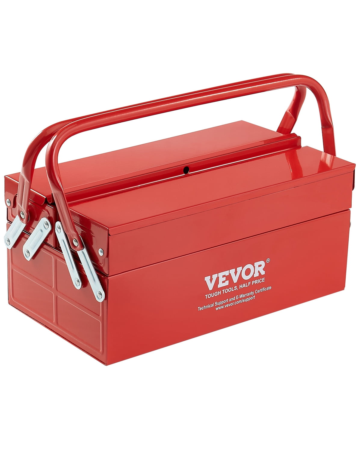 VEVOR Metal Tool Box, 14-inch, 2-Tier 3-Tray Portable Folding Tool Chest Organizer with Handle & Lock Hole, Powder Coated Steel, Cantilever Toolbox for Household Factory Warehouse Repair Shop, Red