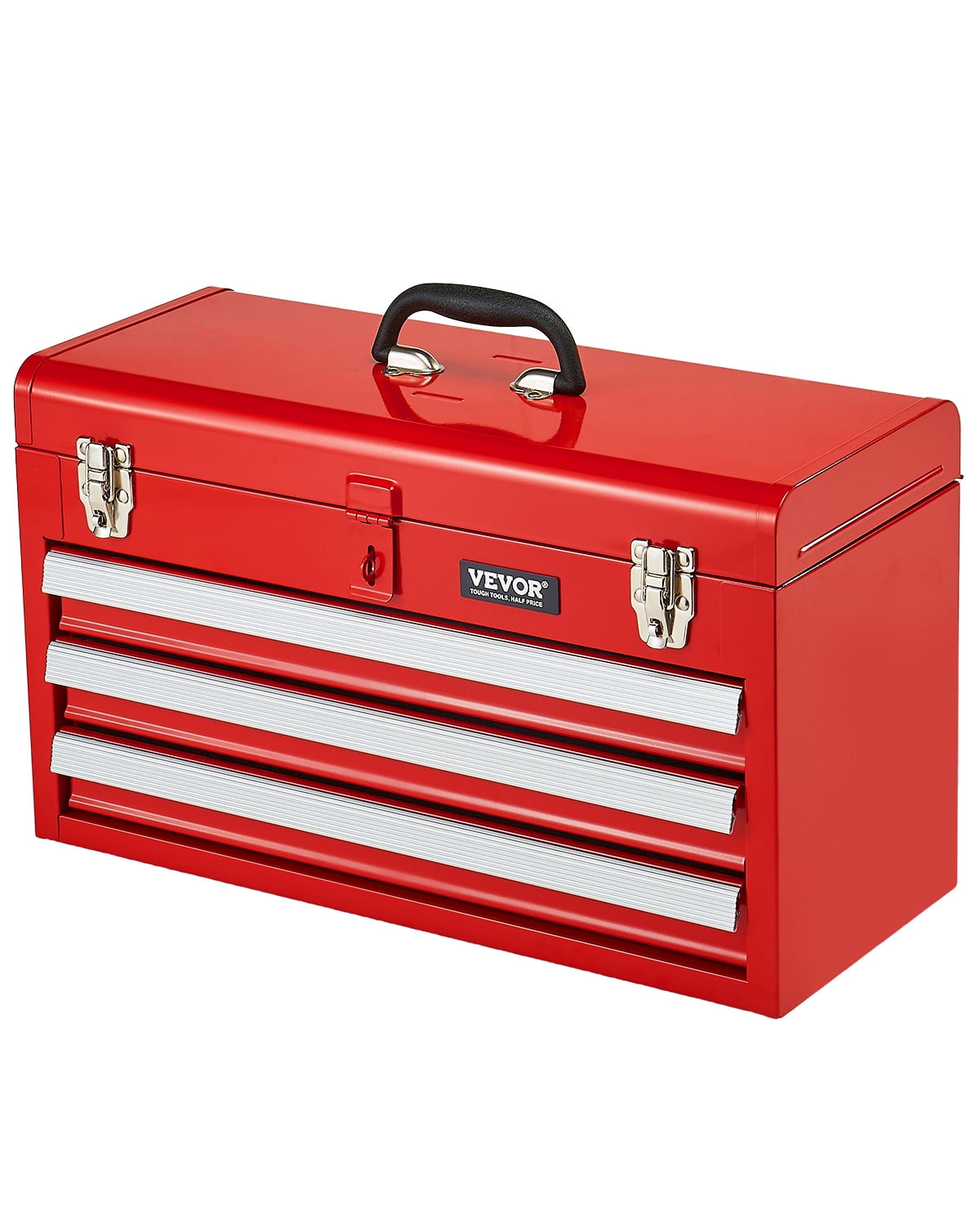 VEVOR Metal Tool Box, 20.5-inch, Portable Metal Tool Box with 3 Drawers, Small Tool Chest with EVA Liners,Ball Bearing Slide Drawers Locking & Powder Coated Finish,Multi-Function Tool Organizer,Red