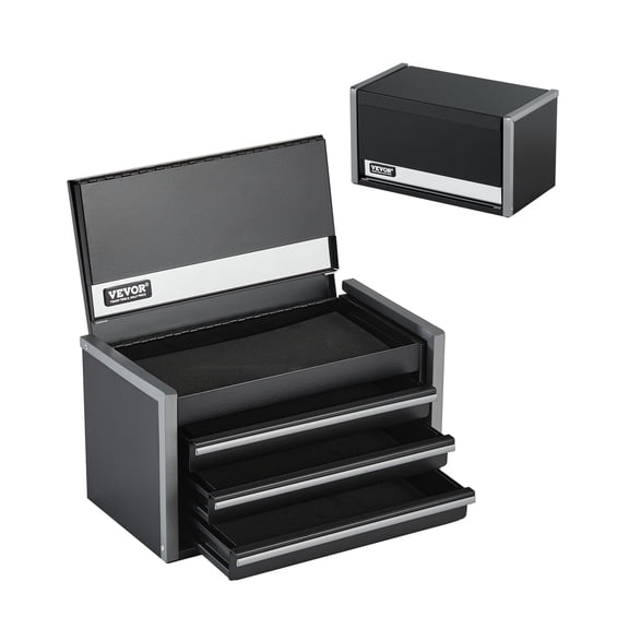 VEVOR Metal Tool Box, 8.6-inch, Portable Metal Tool Box with 3 Drawers, Small Tool Chest with EVA Liners and PP Feet Pads, Heavy-Duty Steel With Ball Bearing Opening and Powder Coated Finish, Black