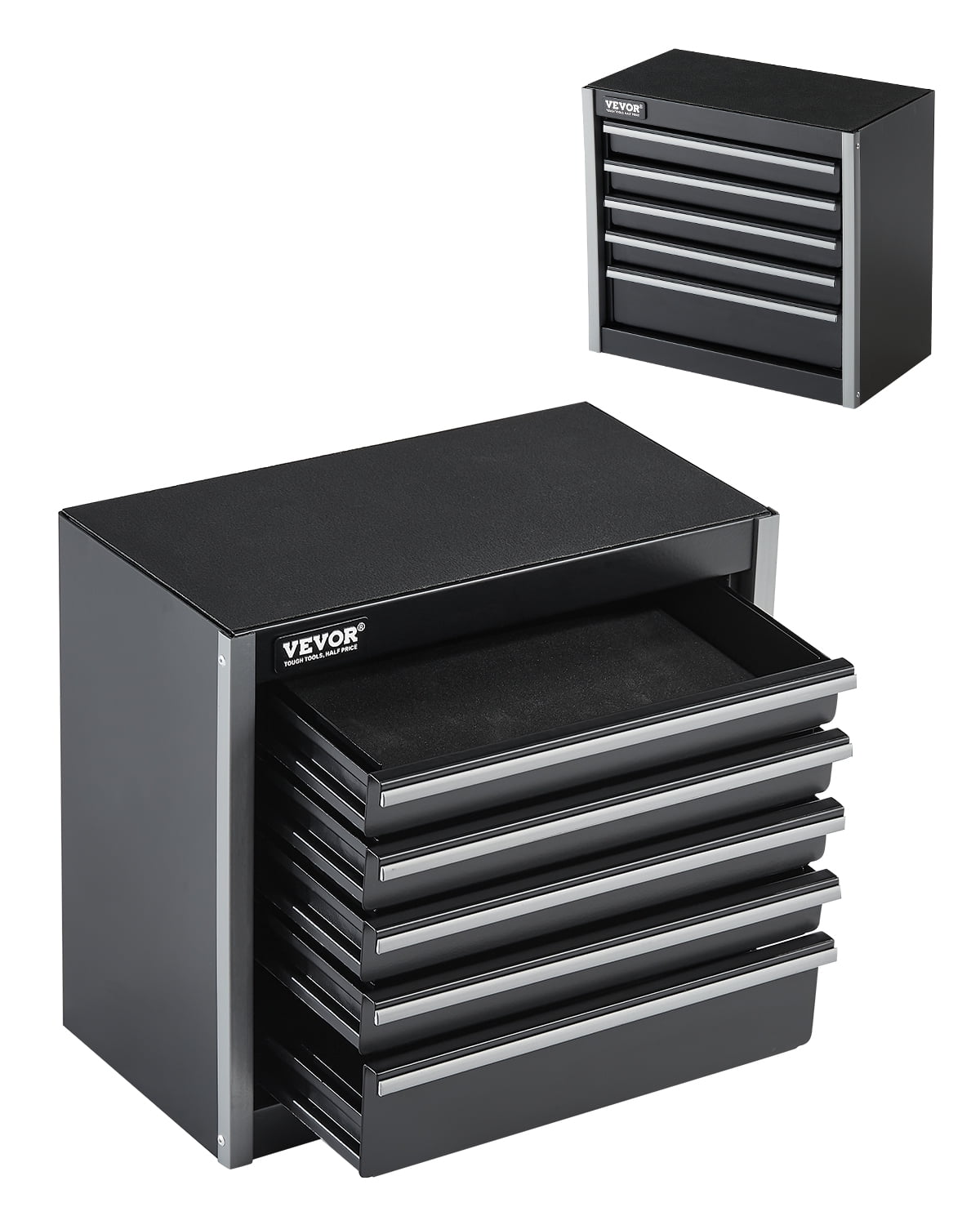 VEVOR Metal Tool Box, 8.6-inch, Portable Metal Tool Box with 5 Drawers, Small Tool Chest with EVA Liners and PP Feet Pads, Heavy-Duty Steel With Ball Bearing Opening and Powder Coated Finish, Black