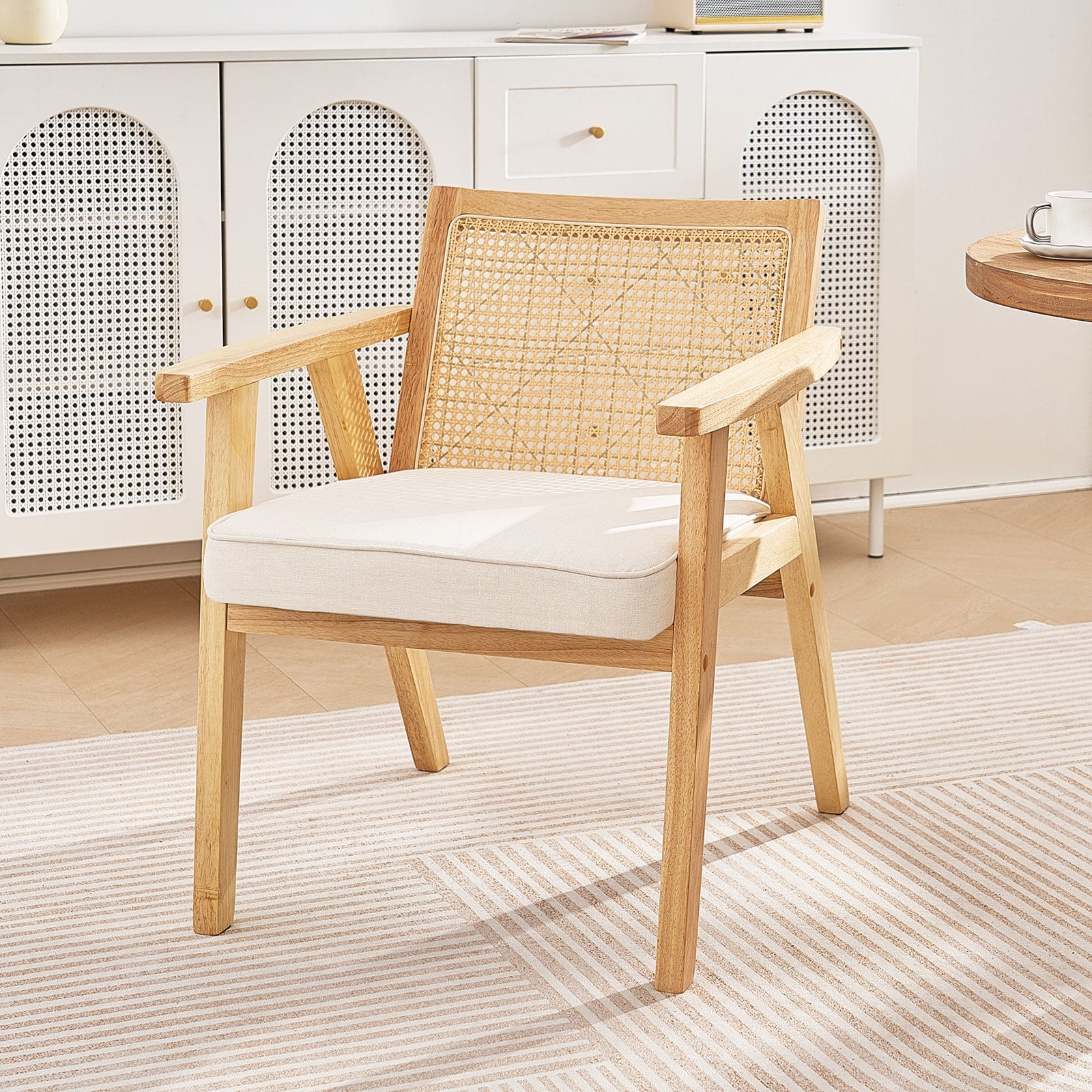 VEVOR Mid Century Modern Rattan Chair with Armrest Beige Upholstered Dining Chair with Rattan Back for Living Room Bedroom Office