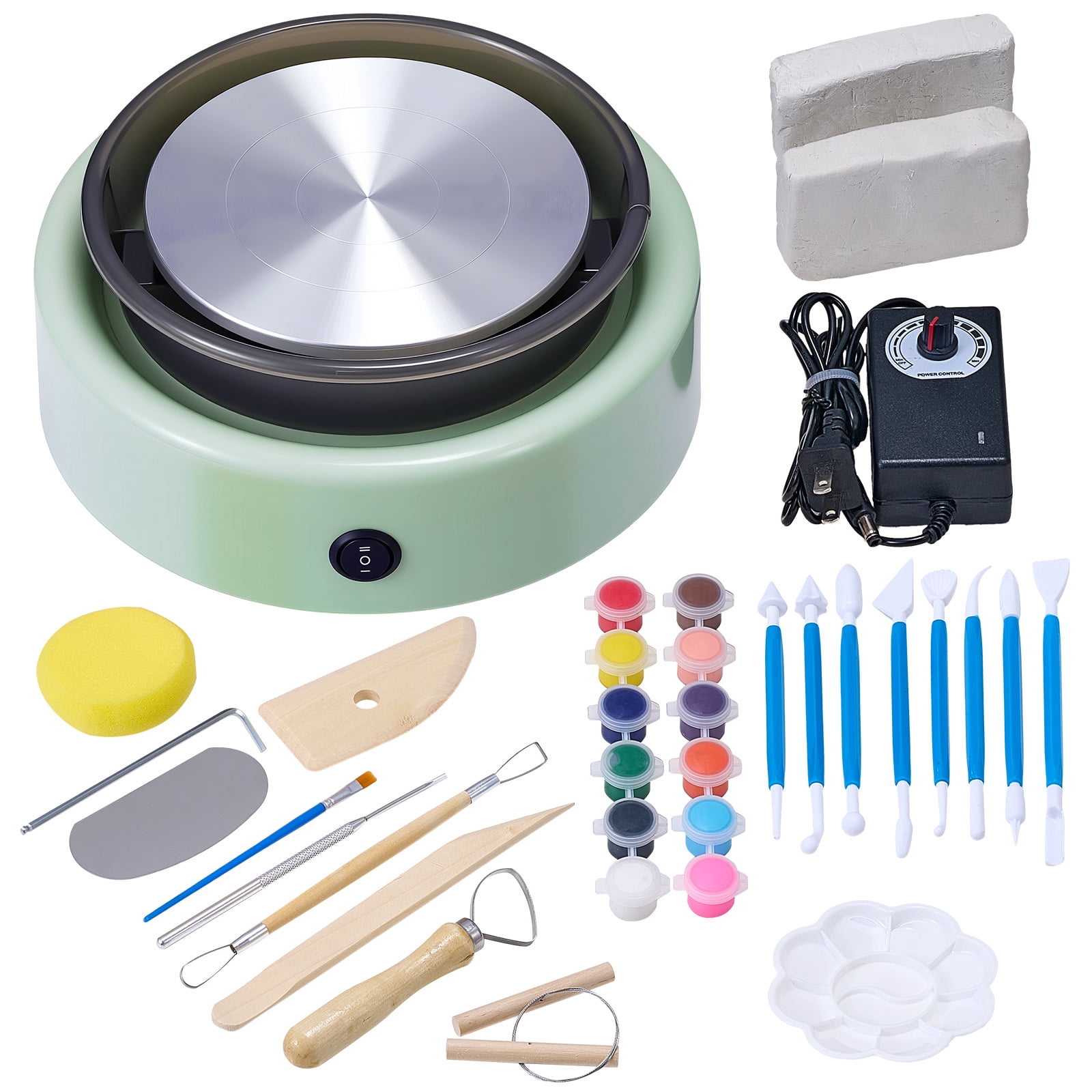 VEVOR Mini Pottery Wheel, 6 inch Turntable, Forward and Reverse Rotation, Adjustable Speed, Electric Clay Wheel for Kids and Beginners, with Shaping Tools, for Home DIY, Pottery Classes, Green