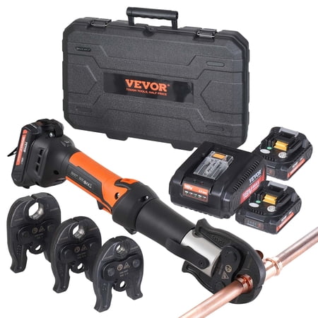 VEVOR Mini Press Tool, 18V Electric Pipe Crimping Tool for 1/2", 3/4", 1" Copper Pipes, Press Tool Kit with 3 Pro Press Jaws, 2pcs 18V 2AH Battery, Fast Charger & Carrying Case