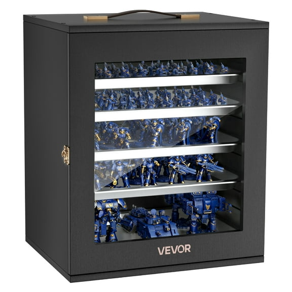 VEVOR Miniatures Storage Case, Fits for 1:1000-1:1500 Scale Models, Wooden Miniatures Display Holder with 5 Tray & 11 Slots, Clear View Miniature Transport Case for Collectibles (Minis Not Included)