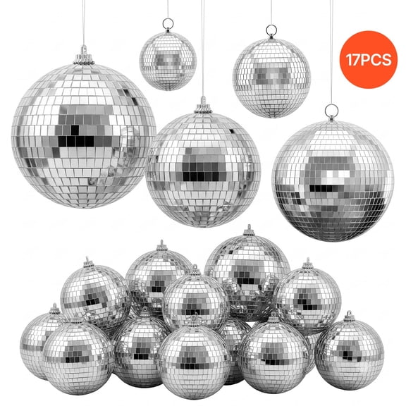 VEVOR Mirror Disco Ball 3.2" 4" 6" 8" 12" 17-Pack Balls with Hanging Ring, for Party Home Decoration Stage Props DJ Dance Club, 2 Mirror Tile Sizes, Reflects Light, Wedding Birthday Decor, Silver