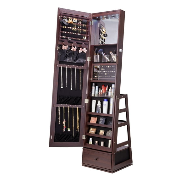 VEVOR Mirror Jewelry Cabinet, 360° Swivel Standing Mirror with Storage, Lockable Jewelry Mirror Organizer with Full Length Mirror, Velvet Lining, LED Light, Drawer, Freestanding Jewelry Armoire