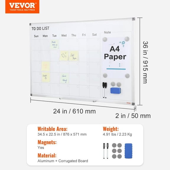 VEVOR Mobile Magnetic Whiteboard, 36 x 24 Inch, Double Sided, 360 Degree Reversible Rolling Dry Erase Board, Height Adjustable with Aluminum Frame and Lockable Swivel Wheels
