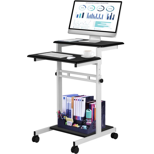 VEVOR Mobile Standing Desk, Rolling Laptop Desk w/ Three Shelves, 3447