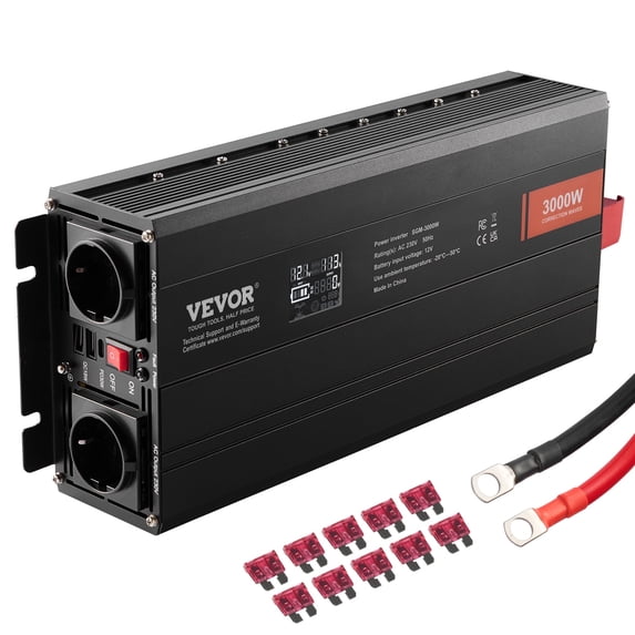 VEVOR Modified Sine Wave Inverter, 3000Watt, DC 12V to AC 120V LCD Display Power Inverter with 3 AC Outlets 2 USB Port 1 Type-C Port 10 Spare Fuses, for Large Household Equipment, CE FCC Certified