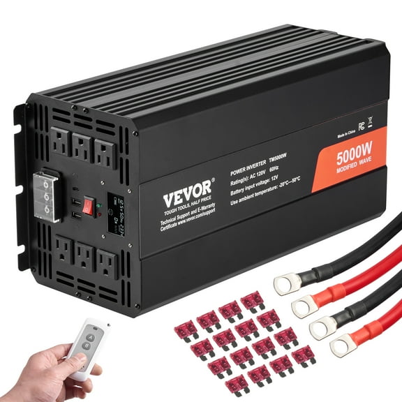 VEVOR Modified Sine Wave Inverter, 5000W,DC 12V to AC 120V Power Inverter with 6 AC Outlets 2 USB Port 1 Type-C Port, LCD Display and Remote Controller for High Load Home Appliances, CE FCC Certified