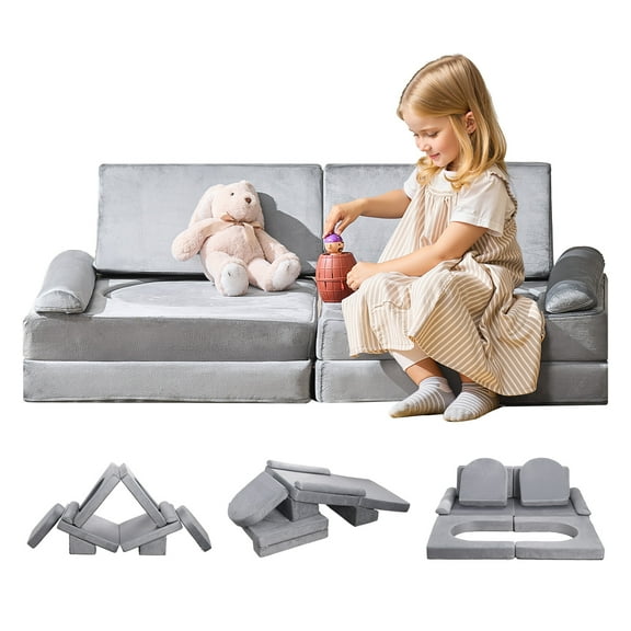 VEVOR Modular Kids Play Couch, Sectional Toddler Sofa with Armrests, 28D Sponge & Short Pile, Convertible Kids Modular Couch DIY Creative Combination for Playroom, Bedroom, Living Room, 10 Pcs, Gray