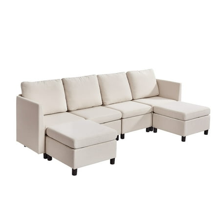VEVOR Modular Sectional Sofa, 4-Seater Modular Sofa with Hidden Storage, Cloud Sectional Couch with Ottoman & High Rebound Sponge, Solid Wood Frame Upholstered Couch for Living Room, Bedroom, Beige