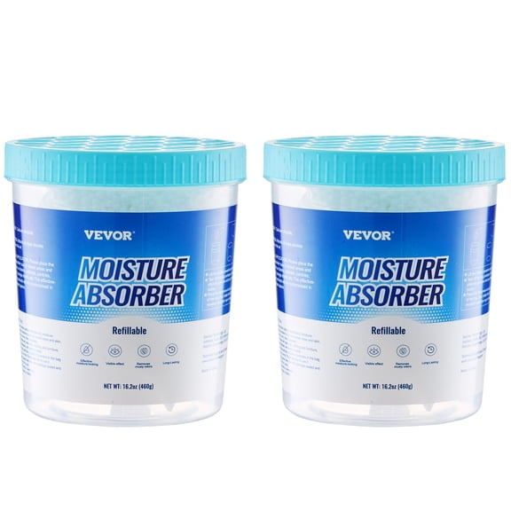 VEVOR Moisture Absorber Bucket, 2 Packs 16.2 oz Hi-Capacity Moisture Absorber Bucket with 800ml Storage Area & Reusable Outer Bucket for Long-Term Use, Fragrance Free Moisture Absorber for Fresher Ai