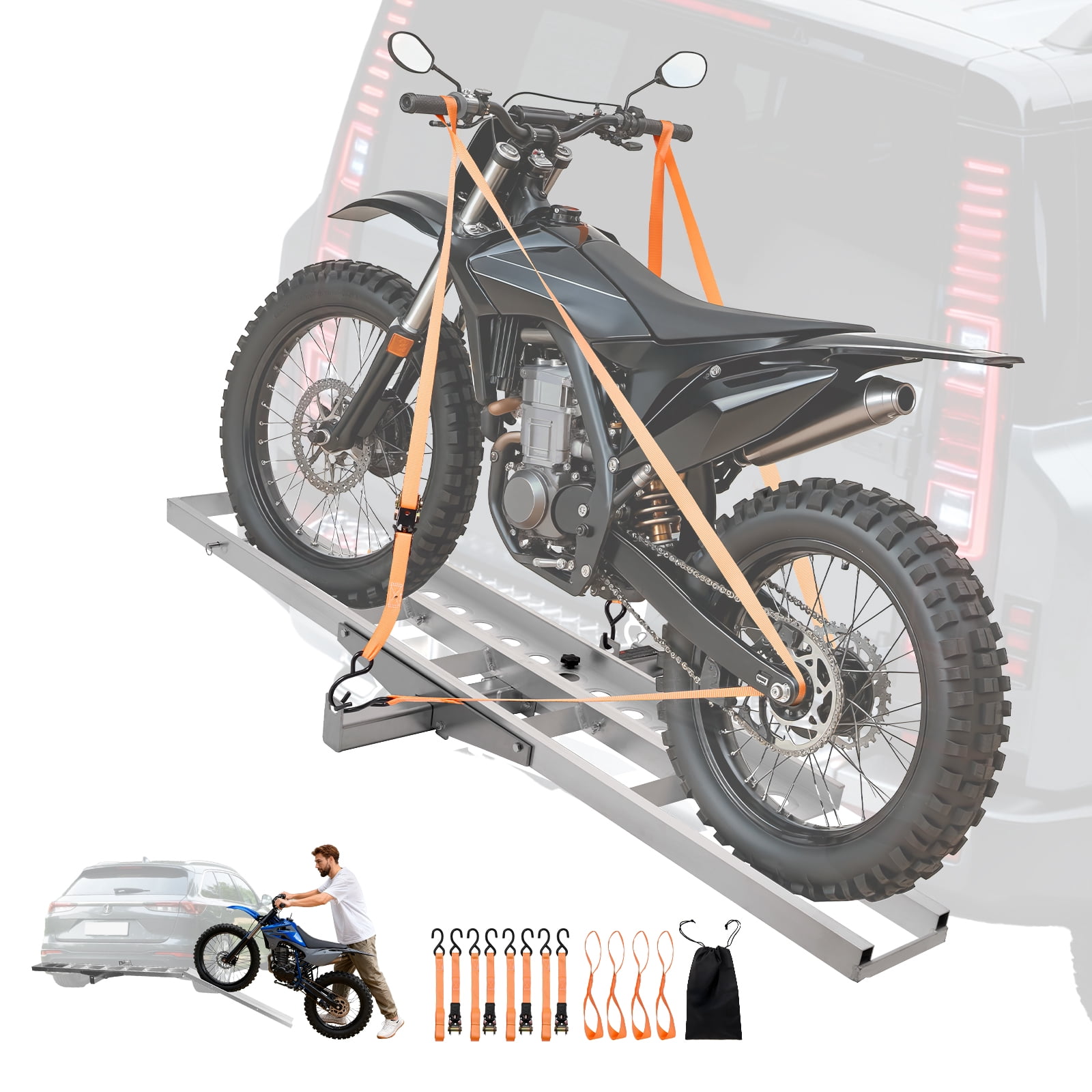 VEVOR Motorcycle Carrier, 400 lbs Capacity, Heavy Duty Aluminum Hitch Mount Rack with 47in Loading Ramp, Straps & Stabilizer, Scooter Dirt Bike Trailer Hauler for Car Truck with 2-Inch Hitch Receiver