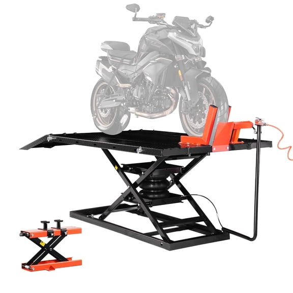 VEVOR Motorcycle Lift Table, 1500lbs Weight Capacity, Pneumatic Motorcycle Jack, 8.6-31 in Height Range, Heavy Duty Bike Repair Stand with Removable Workbench, Repair Platform for ATVs, Dirt Bike