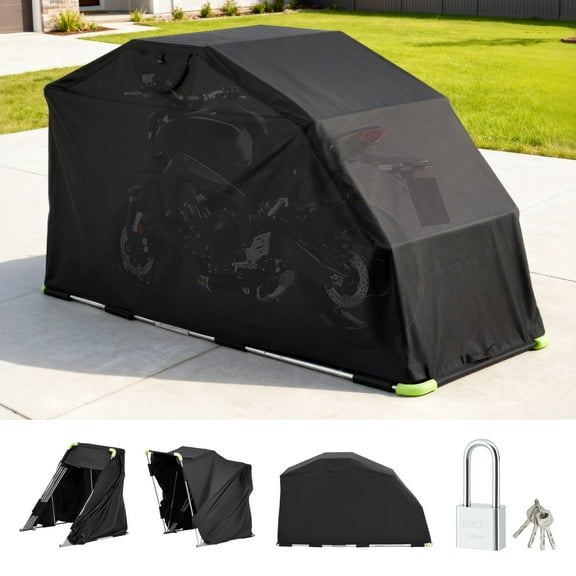 VEVOR Motorcycle Storage Shelter with Security Lock, 600D Oxford Flip-Up Garage Tent, Heavy-Duty All-Weather Motorcycle Cover with Ventilation Windows, 110 x 43 x 63 in Outdoor Vehicle Shelter, Black