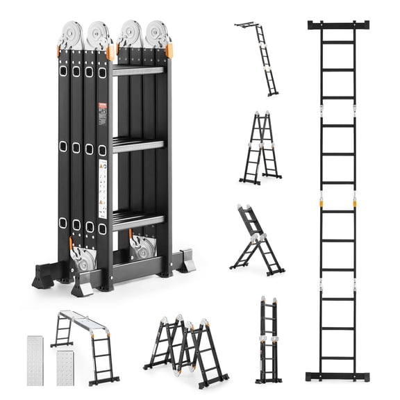 VEVOR Multi-Purpose Folding Ladder, 7-in-1 Tall Extension Step Ladder, A Frame 3 Step with Scaffolding Plank Telescoping Ladder, 12ft Reach Height Heavy Duty Ladder, 330 lbs Capacity for Home Outdoor