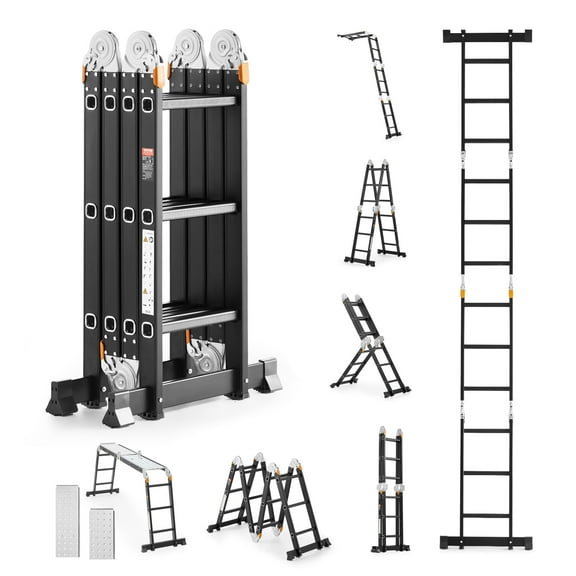 VEVOR Multi-Purpose Folding Ladder, 7-in-1 Tall Extension Step Ladder, A Frame 3 Step with Scaffolding Plank Telescoping Ladder, 12ft Reach Height Heavy Duty Ladder, 330 lbs Capacity for Home Outdoor