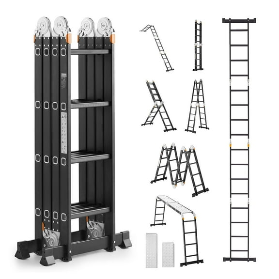 VEVOR Multi-Purpose Folding Ladder, 7-in-1 Tall Extension Step Ladder, A Frame 4 Step with Scaffolding Plank Telescoping Ladder, 15.5ft Reach Height Heavy Duty , 330 lbs Capacity for Home Outdoor