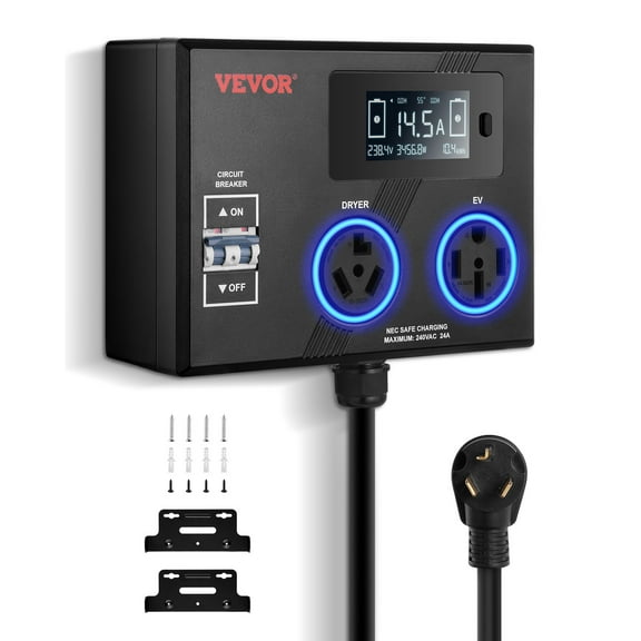 VEVOR NEMA Splitter for Dryer and EV, 3-Color LED Indicator, 240V Smart Power Distribution, With NEMA 10-30 Plug, NEMA 10-30 & NEMA 14-50 Outlets, Large 3.4-Inch LCD Screen, for Max 24A Dryer or EV
