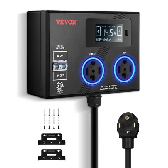 VEVOR NEMA Splitter for Dryer and EV, 3-Color LED Indicator, 240V Smart Power Distribution, With NEMA 14-30 Plug, Two NEMA 14-30 Outlets, 3.4 in LCD Screen, Max 24A Dryer EV, Tested to ETL Standard