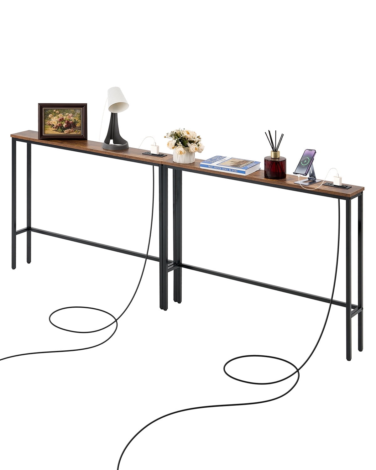 VEVOR Narrow Console Table, 2 Pack Behind Couch Table with Power Outlets, 1-Tier Long Entryway Table, Narrow Sofa Table with Metal Frame and Charge Station, for Entryway, Hallway, Living Room