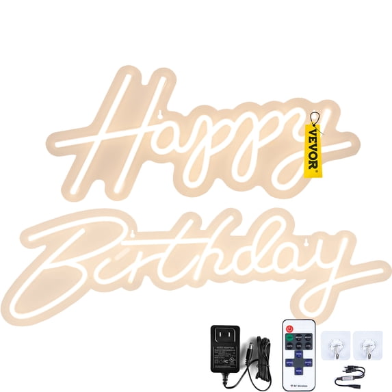 VEVOR Neon Sign, 18" x 8" + 26" x 7.5" Happy Birthday, Adjustable Brightness LED Neon Lights Signs with Dimmer Switch and Power Adapter, Reusable for Party, Celebration and Decoration Warm White