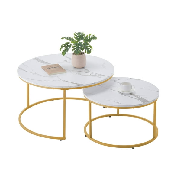 VEVOR Nesting Coffee Table Set of 2, 31.5 in Round Coffee Table, Nesting Tables for Small Place, Vintage End Side Tables Night Stand with Metal Frame, for Living Room, Bedroom, Office (White & Gold)